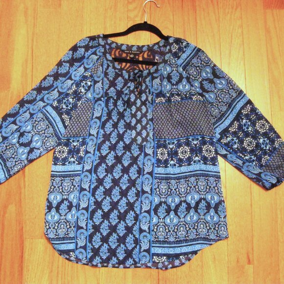 Zac & Rachel Size Large Navy Lace Trim Sheer Lightweight Chic 3/4 Sleeve Blouse - Picture 3 of 6